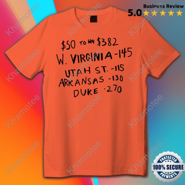 $50 To Win $382 W Virginia 145 Utah St 115 Arkansas 130 Duke 270 T Shirts Br Betting